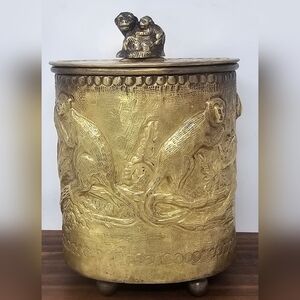 Antique Monkey Design Hand Hammered Brass Cigar Tobacco Tea Cannister #155